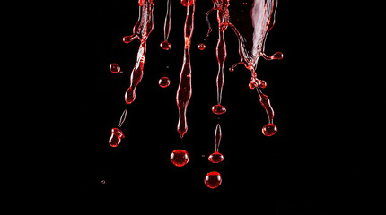 Red Liquid Drops and Splashes Falling on Black Background
