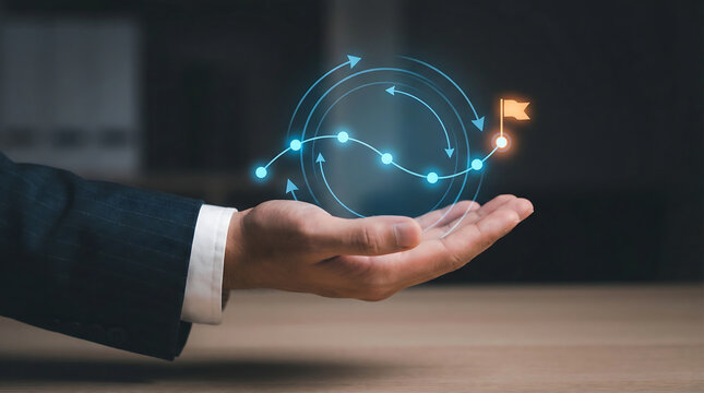 Professional hand presenting holographic decision arrows strategy direction and roadmap concept with digital business interface