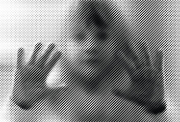 Black halftone silhouette of young girl with raised hands behind diagonal stripe screen vector texture. Concept of child protection, vulnerability, privacy concerns, and social awareness.
