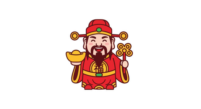 Chinese God of Wealth, Cai Shen, Holding Gold Ingot and Ruyi Scepter, Cartoon Style
