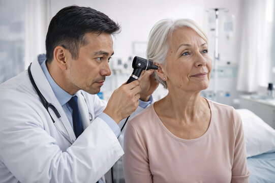 Doctor examining the hearing of elderly woman patient with an otoscope in a clinical consultation. Specialist doctor performs an ear examination on an elderly patient