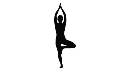 Fototapeta premium A black silhouette of a person performing tree pose yoga against a stark white background conveying balance and serenity