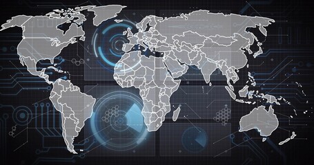 Displaying stylized global map on dark dashboard, overlaying HUD circles, network traces, nodes