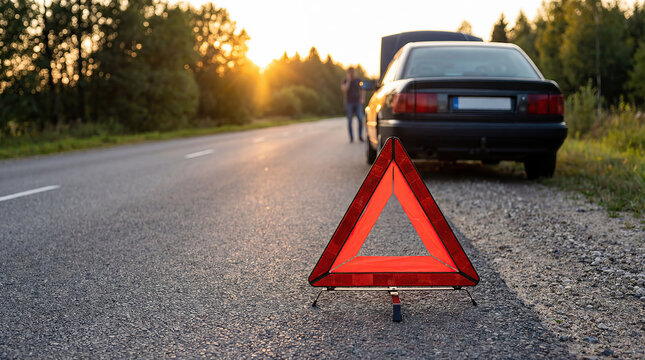 Roadside Warning Triangle Alerting Oncoming Traffic for Broken Down Car