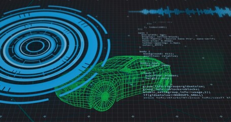 Naklejka premium Rotating 3D green wireframe car center-right on dark grid plane showing blue HUD code cyan waveform