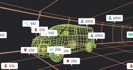 Rendering neon-green wireframe car model rotating in orange grid, showing floating alert badges
