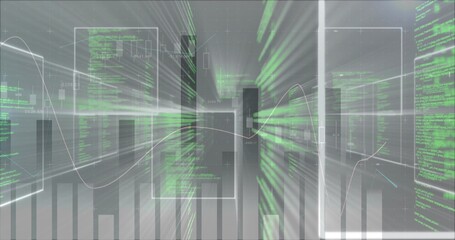 Obraz premium Displaying abstract virtual dashboard showing HUD panels, bars, candles, white wave, green code