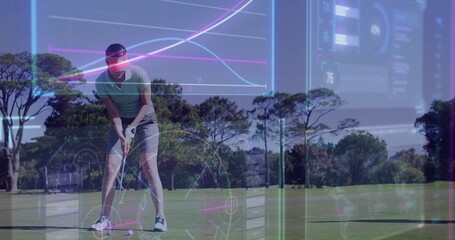 Addressing golfer in polo shorts visor glove holding club over ball on fairway with AR overlays