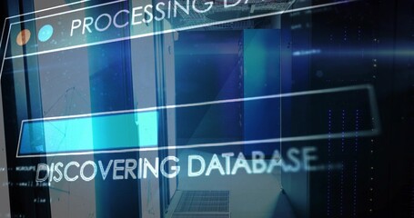 Showing server racks with open rack and vent tiles and LED lights, running HUD DISCOVERING DATABASE