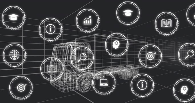 Rendering 3D wireframe semi-truck and attached trailer on perspective grid, with holographic nodes