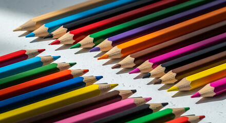 Fototapeta premium Colorful pencils arranged diagonally on a surface, showcasing vibrant hues and sharp tips in a creative display