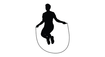 A black silhouette depicts a person jumping rope in mid air showcasing an athletic movement against a stark white background silhouette