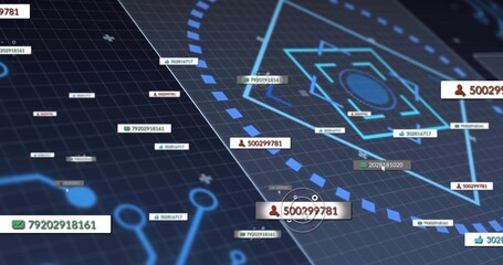 Showing central node cluster encircling numeric label 500299781 on dashboard with grid icons