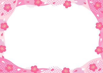 桜とドットやストライプの丸い幾何学模様と波型のフレーム_ピンク
