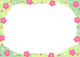 桜とドットやストライプの丸い幾何学模様と波型のフレーム_緑
