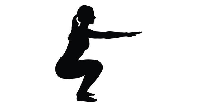 A black silhouette depicts a woman performing a squat exercise with arms extended forward showcasing a fitness movement