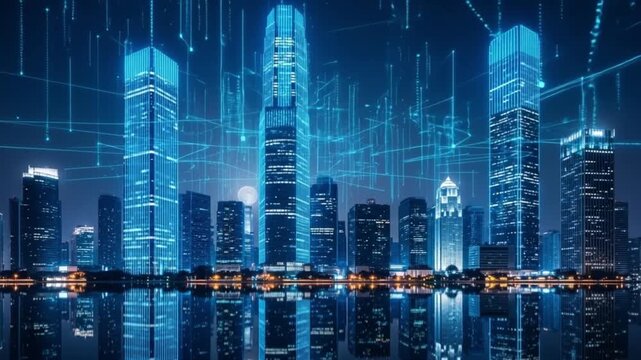 Digital city infrastructure with streaming network lines and data nodes glowing against a dark blue nighttime skyline background.