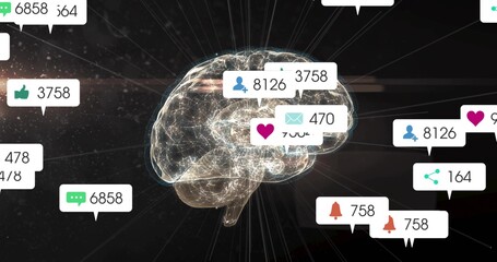 Floating glowing 3D brain emitting lit neural paths in dark digital space, with notification counts