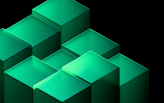 Glossy green cubes arranged in dynamic perspective &mdash; modern abstract 3D illustration