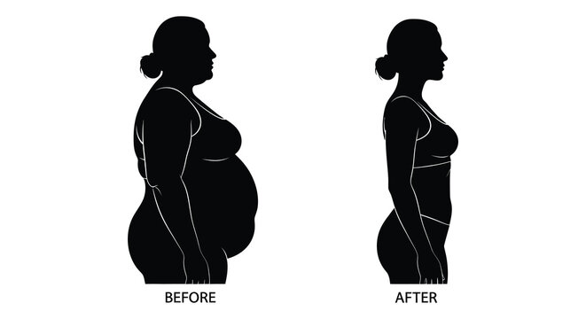 A striking black and white illustration depicting a woman s body transformation showing before and after weight loss silhouette