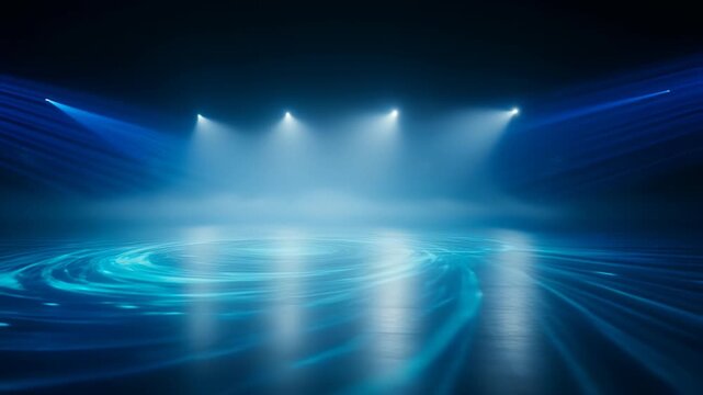 Dynamic Blue Light Vortex Forming and Swirling on Dark Stage Floor