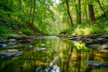 Serene woodland creek gently flowing through lush green forest with sunlight filtering through tall trees creating a peaceful natural retreat reflection