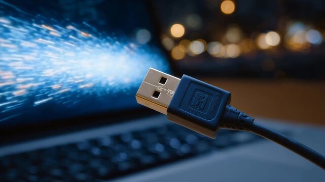 127Extreme close-up of USB connector entering port, fingertips and cable sharply in focus, metallic textures and soft blur of device edges in background, cinematic macro shot