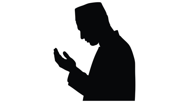 A black silhouette depicts a man in traditional Islamic attire headwear and praying gesture visible in profile view silhouette