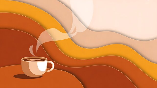 Steaming cup of coffee on abstract brown background