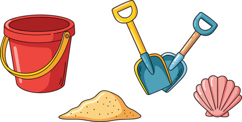 Beach Sand Toy Vector Illustration Set Featuring a Red Plastic Bucket Blue Shovels Sand Pile and Pink Seashell Summer Icons © MstBobita