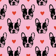 French Bulldog - Seamless Pink Textile Pattern with Hearts