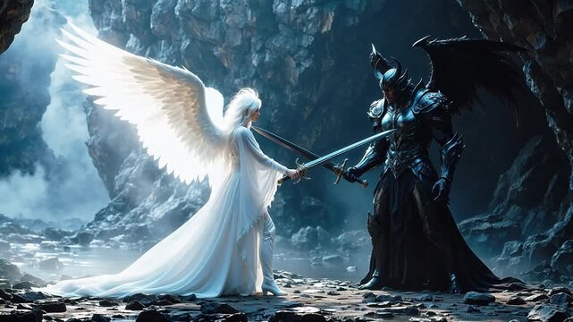 Angel and demon duel in rocky cave