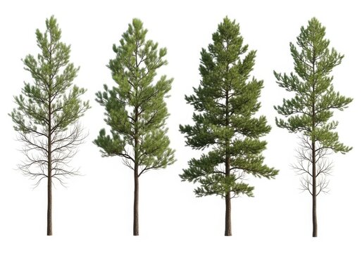 Four green pine trees standing side by side with varying heights