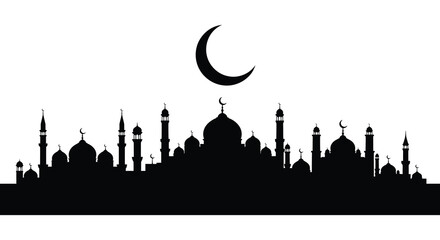 A striking black silhouette depicts a traditional islamic mosque and minarets against a stark white background showcasing cultural architecture © Pvect02