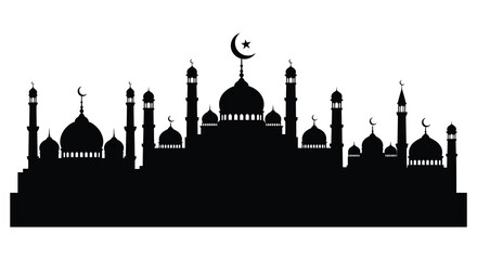 A striking black silhouette depicts a traditional islamic mosque with multiple domes and minarets against a clean white background © Pvect02
