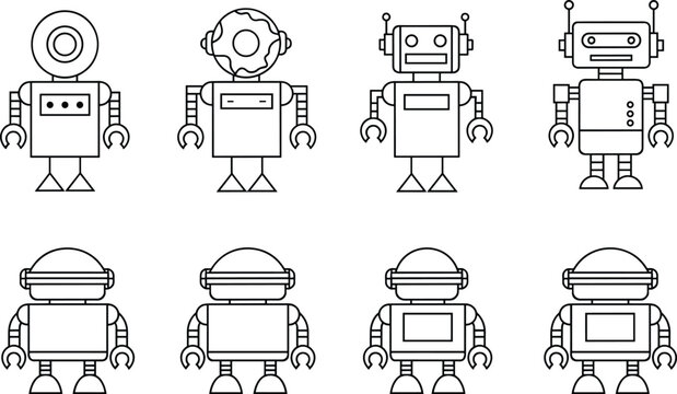 Set of Cartoon Robot Illustrations Featuring Unique Head Shapes, Torso Designs, Antennae, and Facial Features in Stylized Artwork
