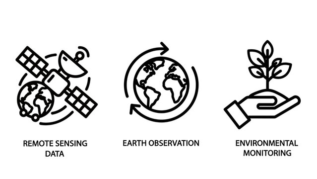Set of 3 icons for remote sensing, earth observation, and environmental monitoring, symbolizing global data and sustainability.