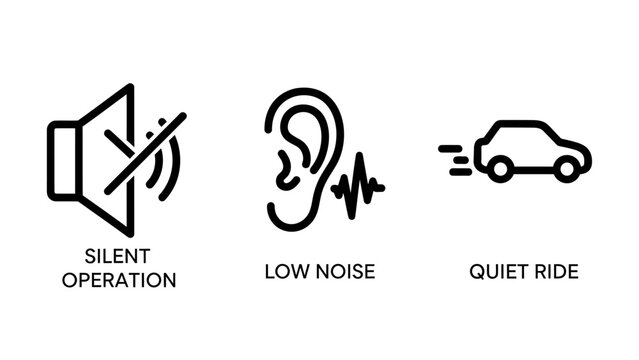 Car Feature Icons: Silent Operation, Low Noise, and Quiet Ride Symbols for Eco-Friendly and Modern Vehicle Design