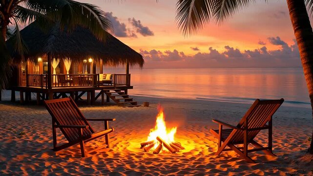 Beachside hut with fire and chairs