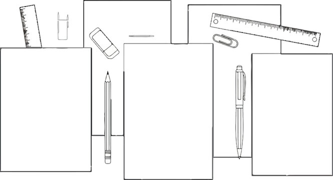 Collection of drawing and writing tools, including rulers, pencils, pen, eraser, clips, and papers