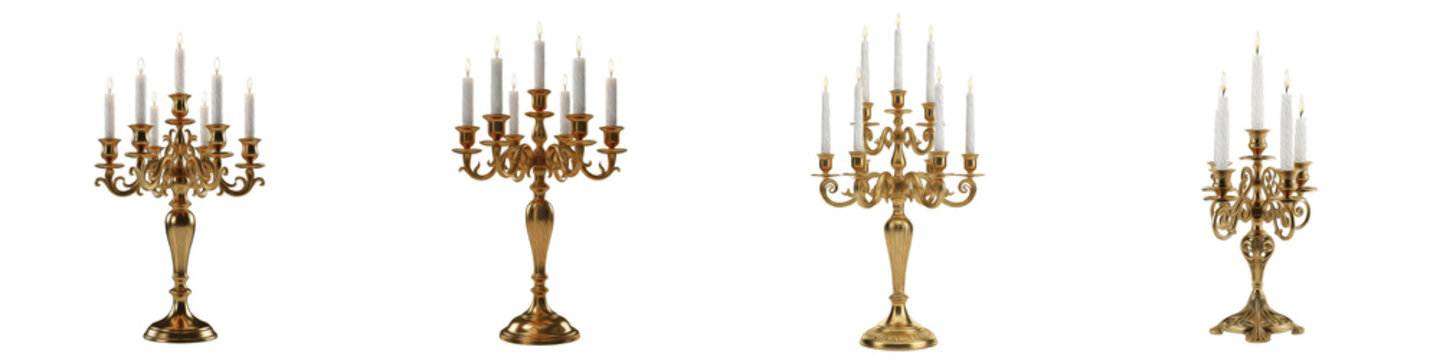 Antique Gold Candelabra Set Isolated on White Background PNG, Ornate Five-Arm Brass Candle Holders Collection with White Taper Candles for Elegant Table Decor.