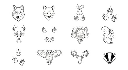Obraz premium Collection of various animal head illustrations in a line art style Vector