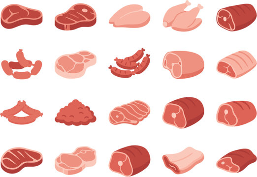 Raw red meat flat vector icon set beef and pork steak cuts collection for butcher shop menu, grocery and food design