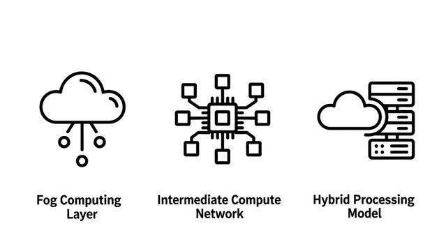Conceptual icons illustrating fog computing, intermediate network nodes, and hybrid processing models in cloud and edge technology.