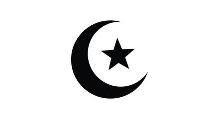 A black crescent moon with a white five pointed star at its center presented as a striking and simple silhouette © Pvect02