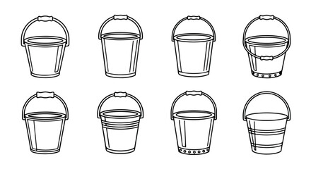 A collection of various types of buckets and pails in a line-up Vector © Runa