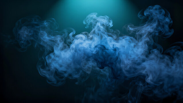 Intricate blue smoke tendrils expanding and swirling under a stark spotlight in a dark, moody environment.
