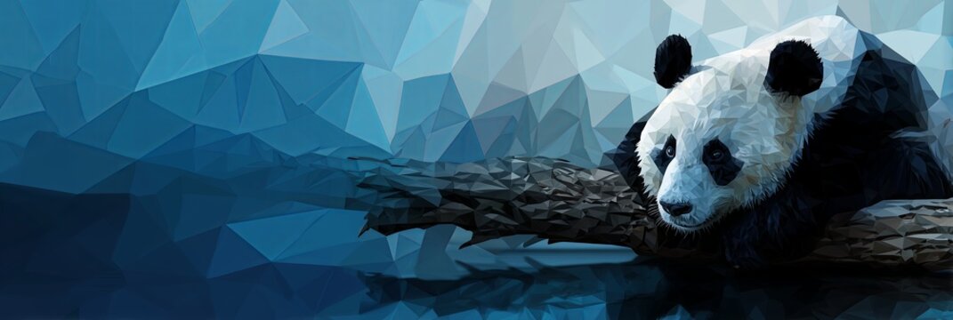 A giant panda rests on wood against a blue geometric polygonal background. The black and white bear is framed by the modern artistic digital design