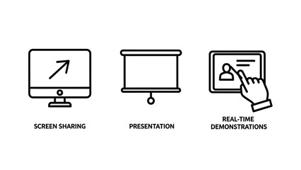 Icons for remote collaboration: screen sharing, presentation, and real-time demonstrations for online meetings.