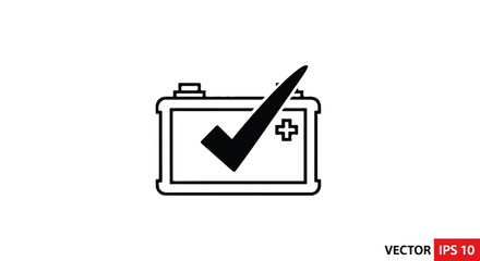 Black outline of a car battery with a large checkmark and a plus symbol